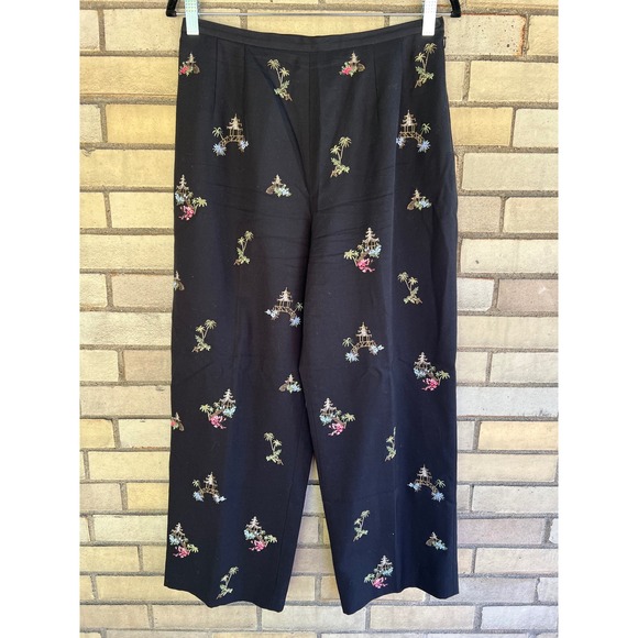 Talbots Pants - Vintage Talbots Black Silk Cotton Embroidered Palm Tree Pagoda Pants 10 Medium
